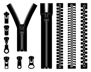 Set of different zippers black silhouettes on a white background  © Design Studio RM