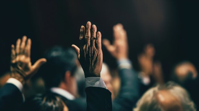 Multiple Hands Raised in a Voting or Meeting Setting