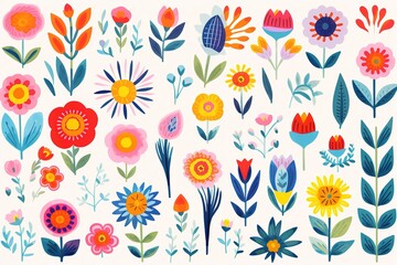 Obraz premium Abstract Hand drawn abstract wildflowers, set flowers and leaves, flat icons. Vector illustration 