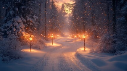 Magical snow-covered path with glowing lanterns in a winter forest at sunset.