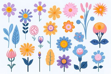 Abstract Hand drawn abstract wildflowers, set flowers and leaves, flat icons. Vector illustration

