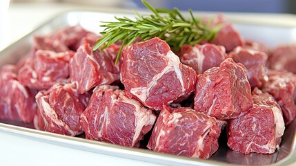 Fresh Raw Beef Cubes with Sprigs of Rosemary on a Silver Tray
