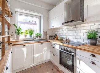 Fototapeta premium Modern Kitchen with White Cabinets and Wooden Countertop