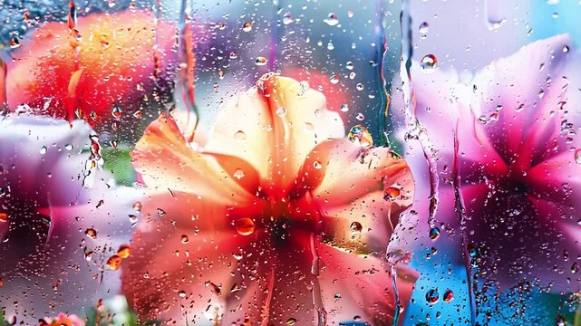 Flowers through a frosted glass window with raindroplets	
