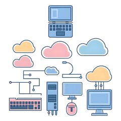 Series of pastel modern icons set representing technology and computers. friendly, professional, and accessible style.