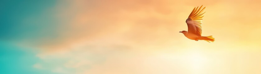 Obraz premium A silhouette of a bird soaring against a vibrant sky at sunrise, capturing a moment of freedom and serenity.