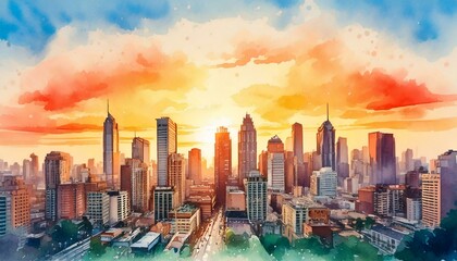 Iconic city skyline painted in soft watercolor tones, with a sunset backdrop
