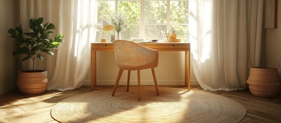 Sunlit home office with wooden desk, chair, plant, and rug.