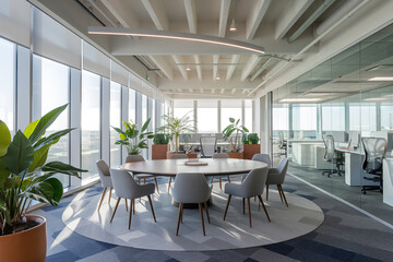 Sala de reuniones con grandes ventanales, minimalista. Generado con IA
