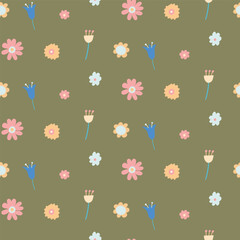 Minimalistic Seamless Pattern With Colorful Flowers On Green Background