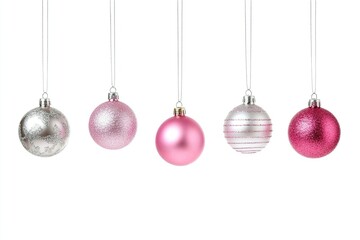 Hanging Christmas balls in pink and silver with different reliefs, some with glitter.
