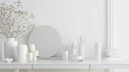 A clean white vanity table with a single mirror and minimal makeup items.