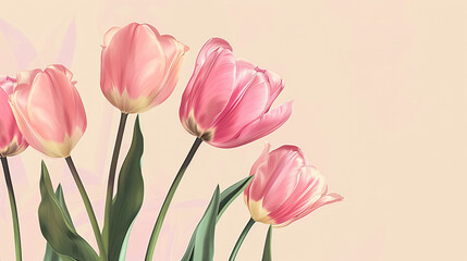 Fototapeta premium Pink Tulips on Beige Background: Close-up of pink tulip flowers on a beige background. Botanical fine art poster.
