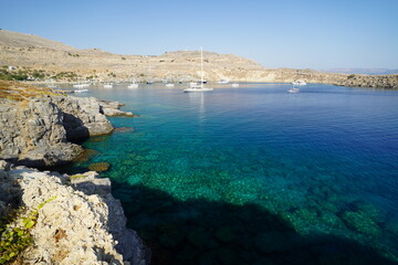 panoramic view of Lindos bay , turquoise water