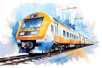 Fototapeta premium Metro train vector illustration sketch. Fast modern express passenger train on high speed railway station 