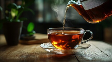 Fototapeta premium Pouring black tea into glass cup on wooden table