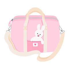 Diaper bag with bunny toy vector illustration, pink. Baby care bag, diaper changing bag
