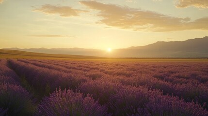 Lavender field at sunset with mountains in the background
