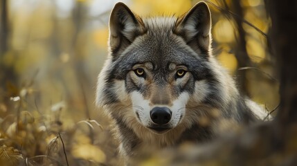 Obraz premium A wolf looks directly at the camera.