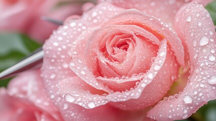 Delicate pink rose with dewdrops in bloom