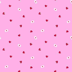 Romantic pattern with heart lollipops, strawberries, and envelopes on a pink background. Ideal for Valentine's Day designs, gift wraps, and stationery.