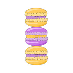 An illustration of three colorful macarons stacked vertically. The yellow and purple macarons are decorated with fluffy cream filling, creating a sweet and appetizing dessert-themed design.