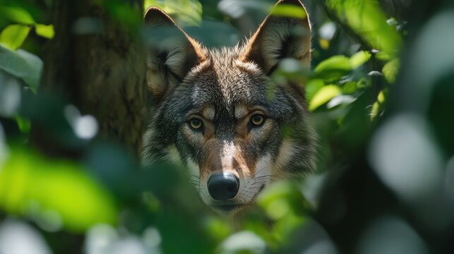 A wolf looks directly at the camera.
