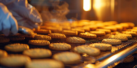 Cookies baking in an oven with a person wearing oven mitts.