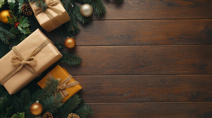 Elegant christmas gifts with gold wrapping and pine decorations on a rustic wooden table