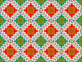 Hmong ethnic fabric pattern designed in the style of white Hmong, green and red.