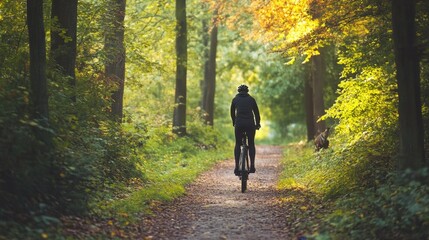 Obraz premium Serene Autumn Woodland Path with Silhouetted Hiker