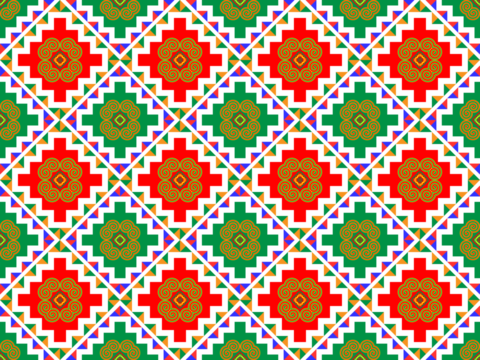 Hmong ethnic fabric pattern designed in the style of white Hmong, green and red.