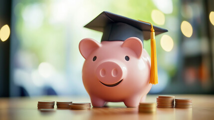 pink piggy bank wearing a graduation cap surrounded by stacked coins representing educational savings and financial planning for academic success