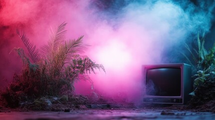 A vintage television set in a misty jungle adorned with vibrant pink and blue neon lights, creating an abstract retro-futuristic ambiance amidst lush greenery.