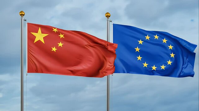 flags of China and the European Union waving together, symbolizing collaboration under a serene sky