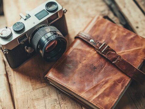 Vintage camera and leather notebook on wooden table