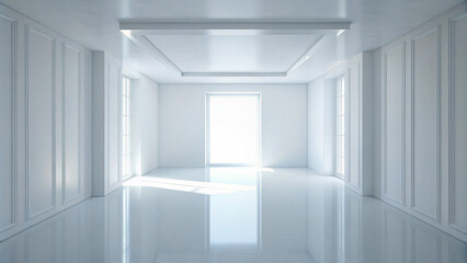 Bright, spacious empty room with large glass windows and minimalist white interior. The clean design, glossy floor, and symmetry create an airy, modern space ideal for real estate or interior concepts