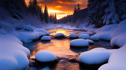 tranquil winter stream reflecting golden sunset amid snowy forest