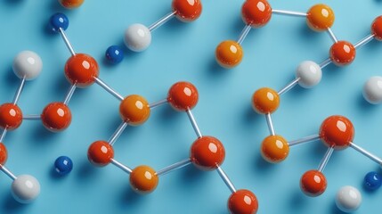 Obraz premium A colorful molecular structure on a blue background, showcasing interconnected atoms represented by different colored spheres.