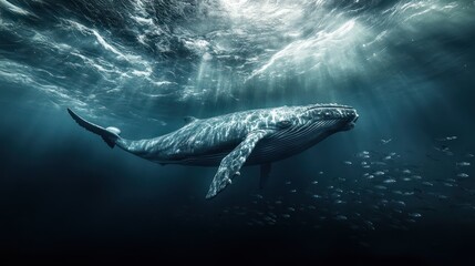 Fototapeta premium A giant whale gliding through the deep ocean, its massive body moving silently through the water