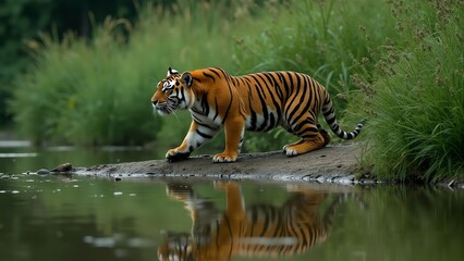 Fototapeta premium Fierce Tiger Crouching by Calm River, Reflecting in Water
