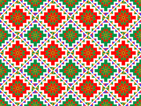 Hmong ethnic fabric pattern designed in the style of white Hmong, green and red.