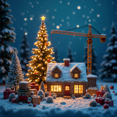 Naklejka premium Christmas miniature of construction site with small cozy house and crane, New Year on construction site. Generative AI