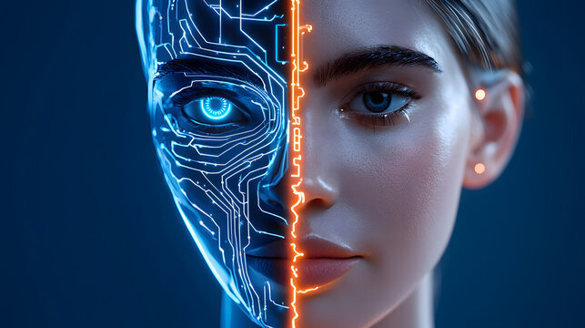Human-AI hybrid face split with glowing circuits technology futuristic concept.