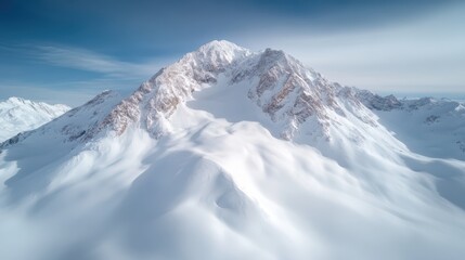 A high snowy mountain peak emerges from the surrounding snow-covered landscape, symbolizing the power and purity of nature's untouched wilderness.
