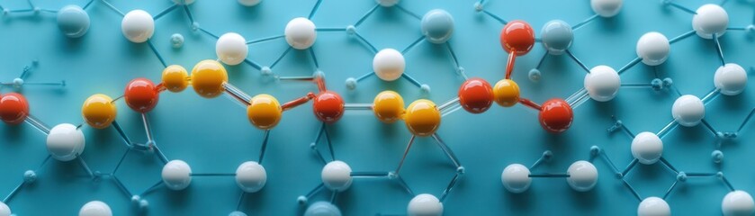Fototapeta premium A colorful molecular structure is depicted, showcasing various atoms connected by bonds against a blue background.