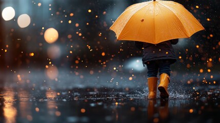 Illuminated by surrounding lights, a child holding an orange umbrella in boots walks along a rain-soaked street, emphasizing the contrast of bright and dark elements.