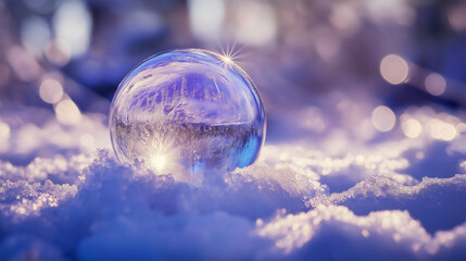 frozen soap bubble resting on glistening snow with soft purple and golden light bokeh