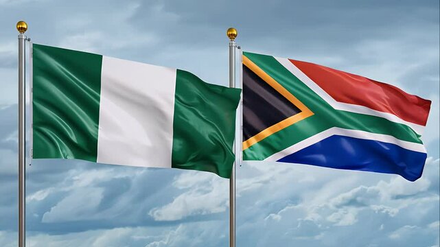 Nigeria and South Africa rippling side by side in harmony under a beautiful cloudy backdrop