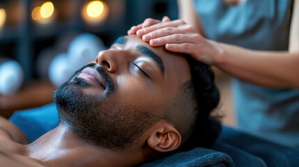 Manual therapist massaging arab man head portrait image. Bearded male client enjoying spa service picture photorealistic photography. Body care procedure concept photo realistic